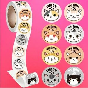 Roll of 500 Cat-Themed Thank You Stickers NWT